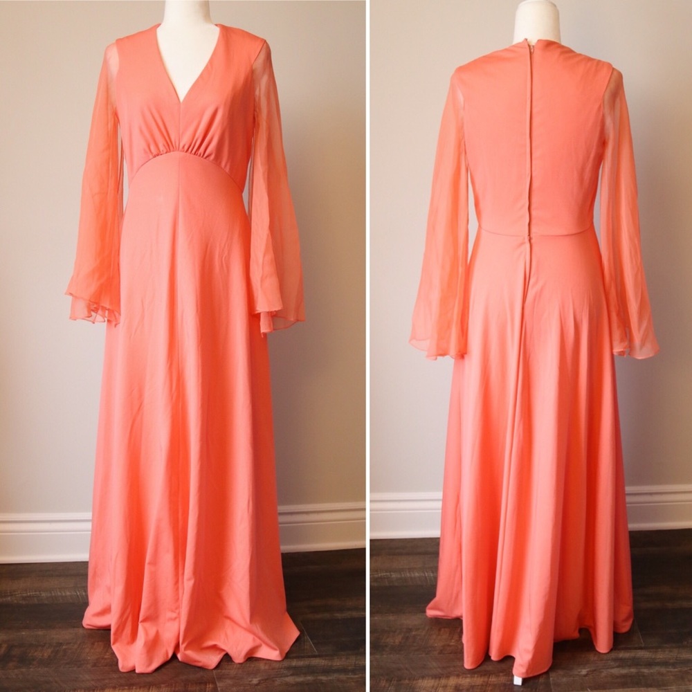 50's coral trumpet sleeve gown